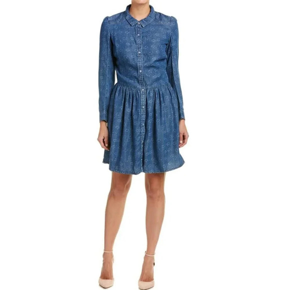 The Kooples Denim Shirt Dress Pearl Button Blue Floral Size XS - Picture 3 of 8